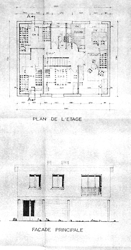 Plan de l'étage et élévation de la façade principale du type F4. 1954. Architecte: R. Gérard.