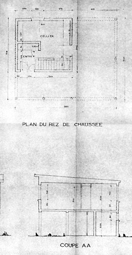 Plan du rez-de-chaussée et coupe du bâtiment du type F4. 1954. Architecte: R. Gérard.