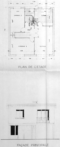 Plan de l'étage et façade principale du type F3. 1954. Architecte: R. Gérard.