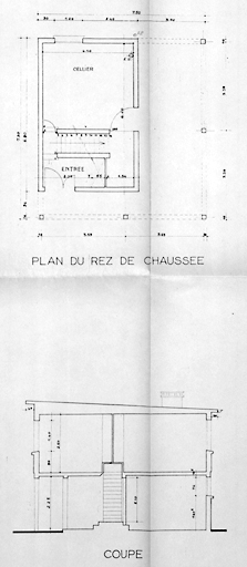 Plan du rez-de-chaussée et coupe du type F3. 1954. Architecte: R. Gérard.