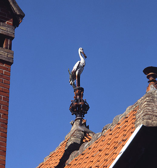 Détail de l'un des épis de faîtage : la cigogne.