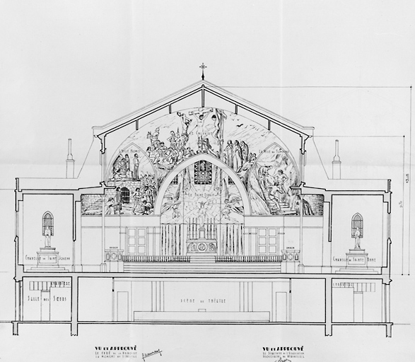 Coupe transversale, face au côté choeur décoré par les peintures de Camille Lambert, reconstituée par Maurice Laurence, architecte, [1951].