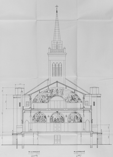 Coupe transversale, face au côté porche décoré par Camille Lambert, reconstitée par Maurice Laurence, architecte. [1951].