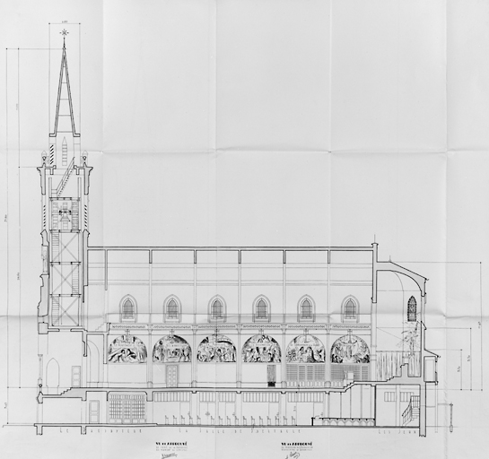 Coupe longitudinale reconstituée par Maurice Laurence, architecte. [1951].