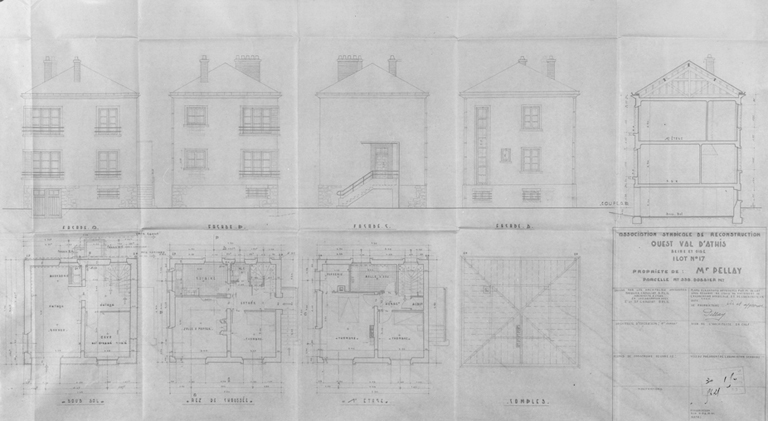 Elévations, coupes et plans de la maison reconstruite dans l'îlot 17 pour M. Pellay, par J. et J.-P. Chauliat, s. d.