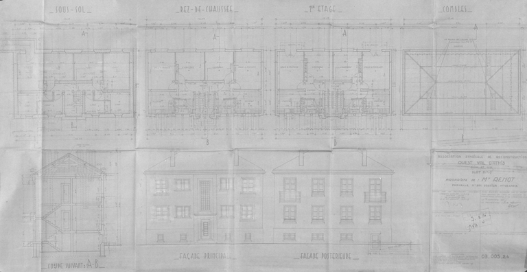 Plans, coupe, élévations de la maison reconstruite sur la parcelle 331 de l'îlot 17 pour M. Renot (4, rue Gabriel-Péri), dressés par Jacques Chauliat, architecte d'étude, en collaboration avec E. et J. P. Chauliat, approuvés par l'ASR le 12 septembre 1949.; Thivier et Poggi, architecte d'exécution. Elle se compose de 4 logements répartis sur 2 niveaux (247 m2).