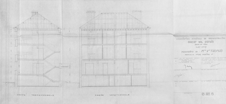 Coupes de la maison construite dans l'îlot 17, parcelle 317, pour Mme Vve Thomas, par Jacques Chauliat, s. d.