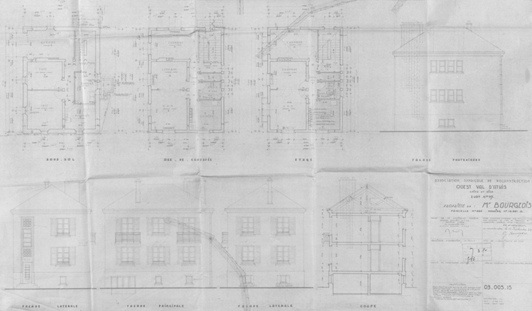 Plans, coupe et élévations de la maison construite sur la parcelle 320 de l'îlot 17 pour M. Bourgeois, par Jacques Chauliat, architecte d'étude, et Thivier et Poggi, architectes d'opération, 12 septembre 1949. Située à l'angle de l'avenue Jean-Jaurès (n° 76) et de la rue Gabriel-Péri (n° 6), elle se compose de deux logements répartis sur deux niveaux.