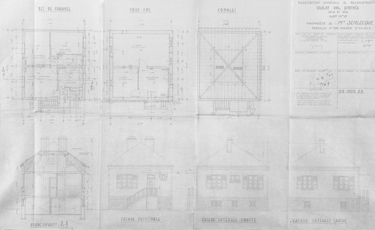 Plans, coupe et élévation de la maison reconstruite pour M. Senlecque dans l'îlot 17, parcelle 393, par Jacques Chauliat, architecte d'étude.12 septembre 1949.