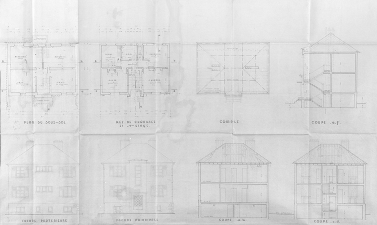 Coupe et élévations de la maison à deux logements (?) construite sur la parcelle 323 de l'îlot 17 pour les héritiers Ganet (82, avenue Jean-Jaurès) ; Jacques Chauliat architecte d'études en collaboration avec E. et J. P. Chauliat ; Thivier et Poggi architectes d'opération ; plan approuvé le 12 septembre 1949. Il s'agit d'un premier état, le plan définitif comportant un étage supplémentaire. Le projet de façade principale semble avoir été réutilisé au 1-3 rue Bertrand Maupomé.