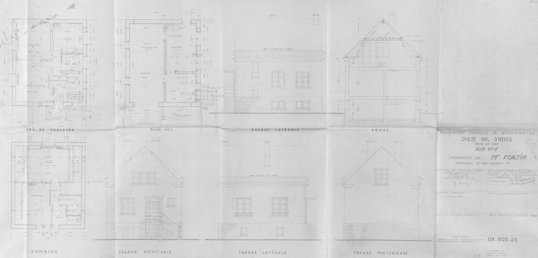 Plans, coupe, élévations de la maison reconstruite sur la parcelle 322 de l'îlot 17 pour M. Fortin (5, rue Bertrand-Maupomé), dressés par Jacques Chauliat, architecte d'étude, en collaboration avec E. et J. P. Chauliat ; Thivier et Poggi, architectes d'opération ; août 1949.