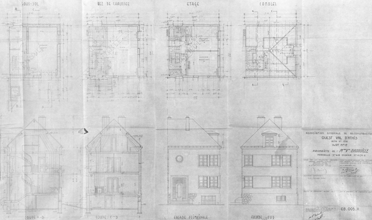 Plans, coupe, élévations de la maison reconstruite sur la parcelle 218 de l'îlot 17 pour Mme Vve Badouille, dressés par Jacques Chauliat, architecte d'étude, en collaboration avec E. et J. P. Chauliat, approuvés par la propriétaire le 3 septembre 1949 ; Thivier et Poggi, architectes d'opération.