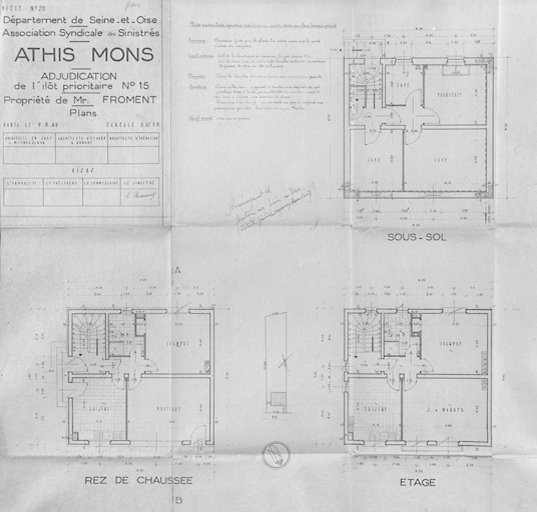 Plans de la maison à deux logements et boutique reconstruite dans l'îlot 15 pour M. Froment (9, rue Gabriel-Péri) ; architecte en chef Léo Mendelssohn, G. Dumont, architecte d'études, Aubert et Audhoin, architectes d'opération, 9 août 1949.