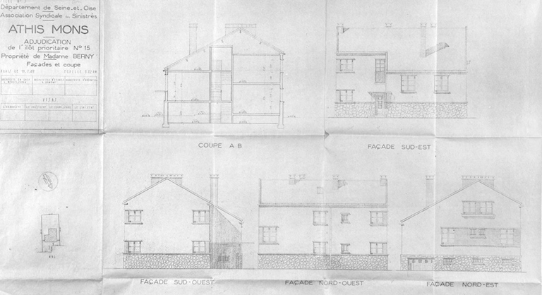 Coupe et élévations de la maison à deux logements reconstruite dans l'îlot 15 pour Mme Berny (13, rue Gabriel-Péri) ; architecte en chef Léo Mendelssohn, G. Dumont, architecte d'études, Thivier et Poggi, architectes d'opération, 11 juillet 1949.