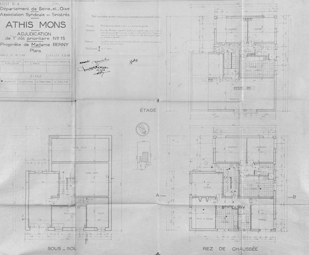 Plans de la maison à deux logements reconstruite dans l'îlot 15 pour Mme Berny (13, rue Gabriel-Péri) ; architecte en chef Léo Mendelssohn, G. Dumont, architecte d'études, Thivier et Poggi, architectes d'opération, 11 juillet 1949.