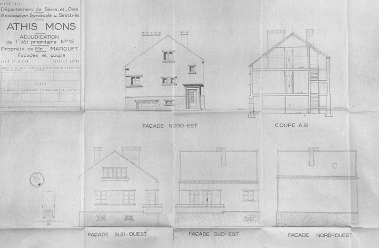 Elévations et coupe de la maison reconstruite dans l'îlot 15 pour M. Marquet (11, rue Gabriel-Péri) ; architecte en chef Léo Mendelssohn, G. Dumont, architecte d'études, 8 août 1949.