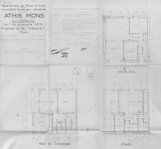 Plans de la maison reconstruite dans l'îlot 15 pour M. Marquet (11, rue Gabriel-Péri) ; architecte en chef Léo Mendelssohn, G. Dumont, architecte d'études, 8 août 1949.