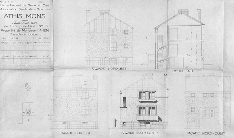 Elévations et coupes de la maison reconstruite dans l'îlot 15 pour M. Manem (24, rue du Vercors) ; architecte en chef Léo Mendelssohn, G. Dumont, architecte d'études, Faine architecte d'opération, 16 août 1949.