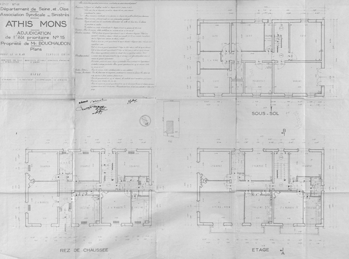 Plans de la maison à quatre logements reconstruite dans l'îlot 15 pour M. Bouchaudon (17, rue Gabriel-Péri) ; architecte en chef Léo Mendelssohn, G. Dumont, architecte d'études, Aubert et Audhoin, architectes d'opération, 12 août 1949.