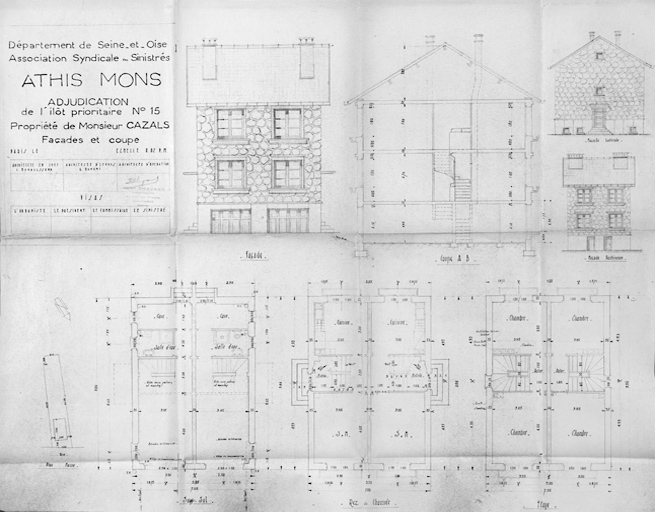 Plans, coupe et élévations de la maison jumelle reconstruite dans l'îlot 15 pour M. Cazals (19-19bis, rue Gabriel-Péri) ; architecte en chef Léo Mendelssohn, G. Dumont, architecte d'études, Chavany, architecte d'opération, 18 août 1949.