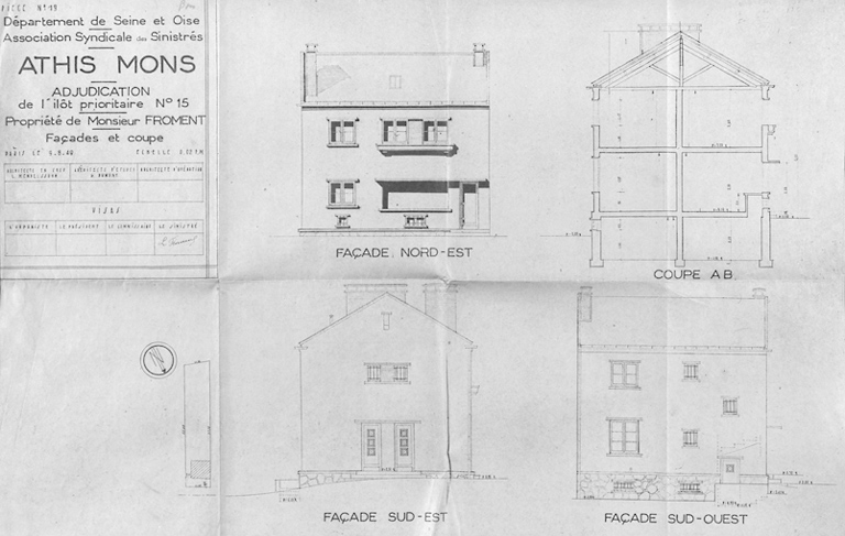 Coupe et élévations de la maison à deux logements et boutique reconstruite dans l'îlot 15 pour M. Froment (9, rue Gabriel-Péri) ; architecte en chef Léo Mendelssohn, G. Dumont, architecte d'études, Aubert et Audhoin, architectes d'opération, 9 août 1949.