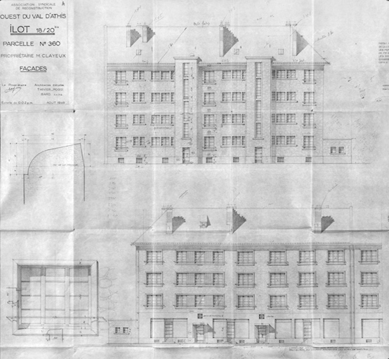 Elévations et détail de fenêtre de l'immeuble Clayeux (mitoyen avec l'immeuble Dervaux) situé 4-4bis, place Jean-Jaurès ; Thivier, Poggi et Bard, architectes d'études ; 9 août 1949.