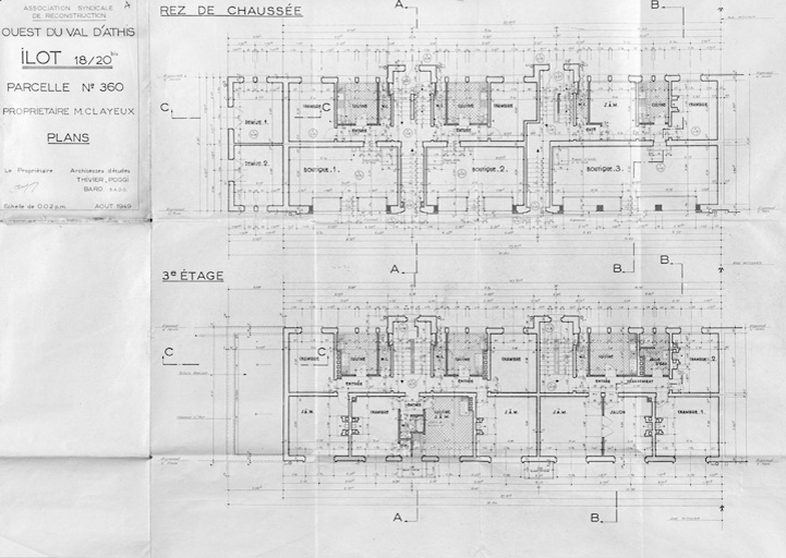 Plans du rez-de-chaussée et du 3e étage de l'immeuble Clayeux (mitoyen avec l'immeuble Dervaux), 2-4bis, place Jean-Jaurès ; Thivier, Poggi et Bard, architectes d'études ; 9 août 1949.