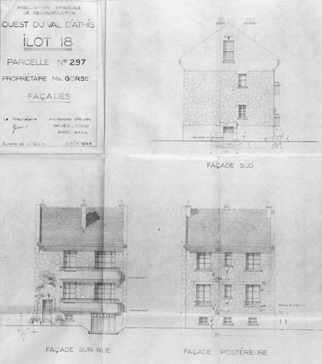 Façades de la maison reconstruite sur la parcelle 297 de l'îlot 18 pour M. Gorse (14, rue Bertrand-Maupomé), par Thivier et Poggi et Bard, architectes d'études, août 1949.