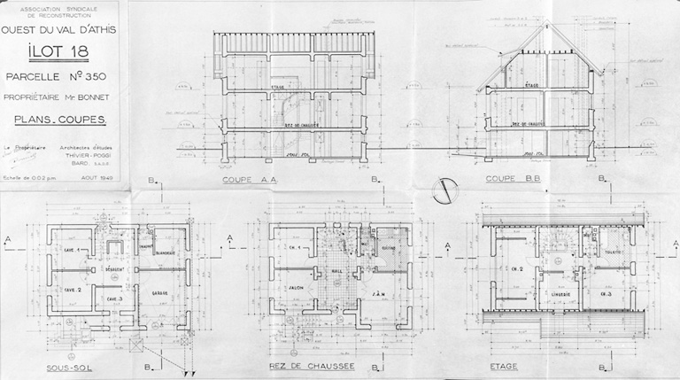 Plans et coupes de la maison reconstruite sur la parcelle 350 de l'îlot 18 pour M. Bonnet (16, rue Bertrand-Maupomé et 3, rue Emile-Zola), dressés par Thivier et Poggi et Bard, architectes d'études, août 1949.