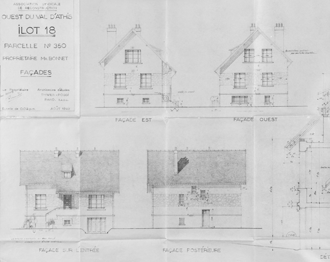 Elévations de la maison reconstruite sur la parcelle 350 de l'îlot 18 pour M. Bonnet (16, rue Bertrand-Maupomé et 3, rue Emile-Zola), dressés par Thivier et Poggi et Bard, architectes d'études, août 1949.