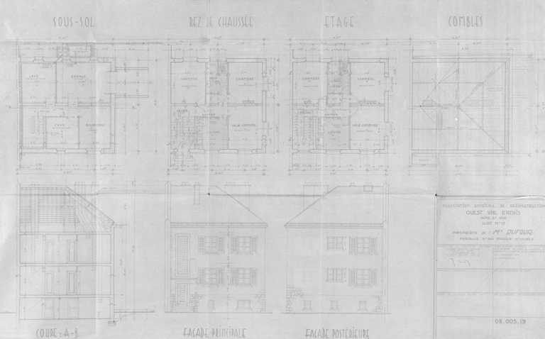 Plans, coupe et élévations de la maison reconstruite sur la parcelle 324 de l'îlot 17 pour M. Dufour (84, avenue Jean-Jaurès et 11, rue Emile-Zola), dressées Jacques Chauliat, architecte d'étude, en collaboration avec E. et J. P. Chauliat, septembre 1948.