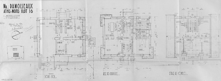 Plans de la maison reconstruite sur la parcelle 309 de l'îlot 16 pour M. Damoiseaux (69, avenue Jean-Jaurès), dressés par Léo Mendelssohn, architecte en chef, et Thivier et Poggi, architectes d'opération, mai 1949.