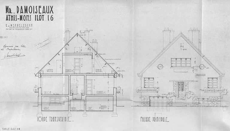 Elévations de la maison reconstruite sur la parcelle 309 de l'îlot 16 pour M. Damoiseaux (69, avenue Jean-Jaurès), dressées par Léo Mendelssohn, architecte en chef, et Thivier et Poggi, architectes d'opération, mai 1949.