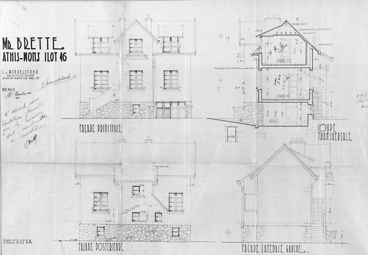 Coupe et élévations de la maison reconstruite sur la parcelle 293 de l'îlot 16 pour M. Brette (19, rue Emile Zola), dressées par Léo Mendelssohn, architecte en chef, et Thivier et Poggi, architectes d'opération, mai 1949.