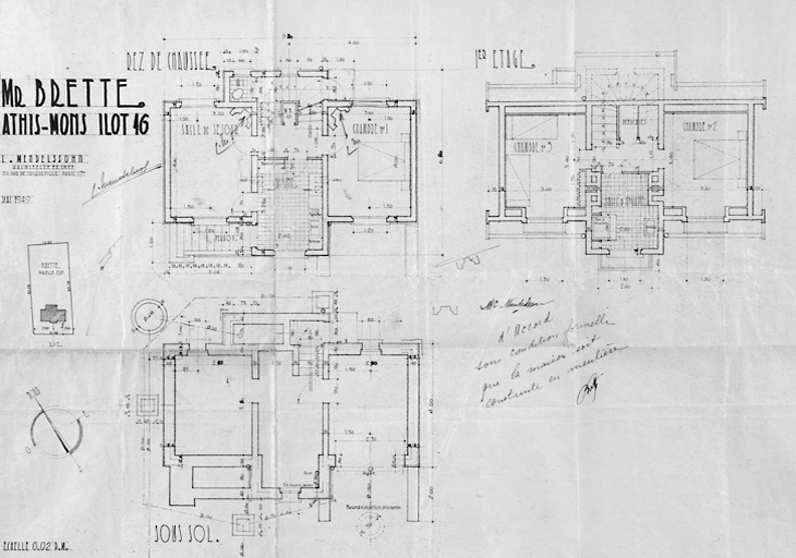 Plans de la maison reconstruite sur la parcelle 293 de l'îlot 16 pour M. Brette (19, rue Emile-Zola), dressés par Léo Mendelssohn, architecte en chef, et Thivier et Poggi, architectes d'opération, mai 1949.