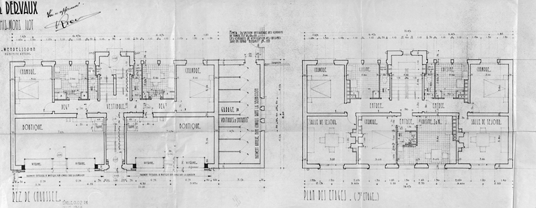 Plans du rez-de-chaussée et du 3e étage de l'immeuble Dervaux (mitoyen de l'immeuble Clayeux), îlot 18/20bis, 2-4bis, place Jean-Jaurès ; Mendelssohn, architecte d'étude ; juillet 1949.