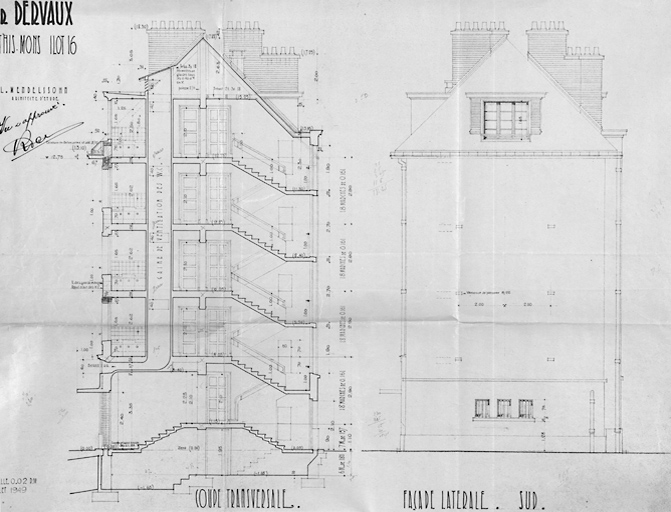 Coupe et élévation latérale de l'immeuble Dervaux (mitoyen de l'immeuble Clayeux), îlot 18/20bis, 2-4bis, place Jean-Jaurès ; Mendelssohn, architecte d'étude ; juillet 1949.