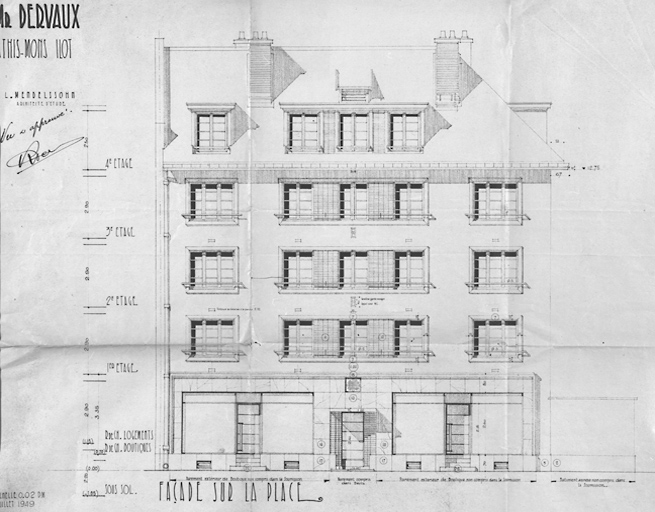 Façade principale de l'immeuble Dervaux (mitoyen de l'immeuble Clayeux), îlot 18/20bis, 2-4bis, place Jean-Jaurès ; Mendelssohn, architecte d'étude ; juillet 1949.
