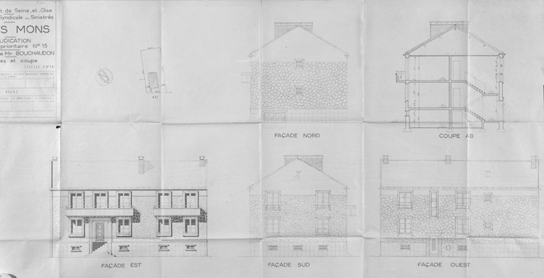 Elévations et coupe de la maison à quatre logements reconstruite dans l'îlot 15 pour M. Bouchaudon (17, rue Gabriel-Péri) ; architecte en chef Léo Mendelssohn, G. Dumont, architecte d'études, Aubert et Audhoin, architectes d'opération, 12 août 1949.