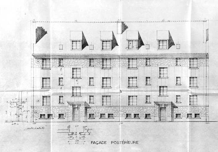 Façade postérieure de l'immeuble avec boutiques construit sur la parcelle 354 de l'îlot 18 pour M. Séguin (71, rue de Juvisy), par Thivier et Poggi et Bard, architectes d'études, août 1949.