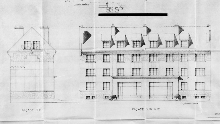 Façade sur rue et pignon de l'immeuble avec boutiques construit sur la parcelle 354 de l'îlot 18 pour M. Séguin (71, rue de Juvisy), par Thivier et Poggi et Bard, architectes d'études, août 1949. Il se compose de 15 logements et de 2 magasins sur une surface de 1089 m2.