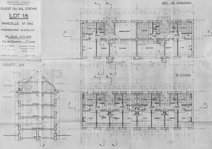 Plans et coupe de l'immeuble avec boutiques construit sur la parcelle 354 de l'îlot 18 pour M. Séguin (71, rue de Juvisy), par Thivier et Poggi et Bard, architectes d'études, août 1949.