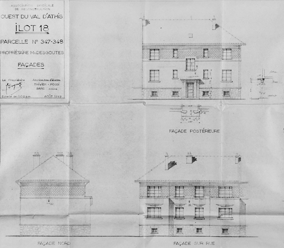 Façades de l'immeuble Desgoutes (parcelles 347-348, îlot 18, 10-10bis, rue Bertrand-Maupomé) reconstruit par Thivier-Poggi et Bard, architectes d'études, et Aubert, architecte d'opération, août 1949. Cet immeuble est mitoyen avec celui de M. Lemoins. Chacun d'eux se compose de 4 logements (salle à manger, cuisine, chambre, toilette, ou living-room, cuisine, toilette), soit 8 au total.