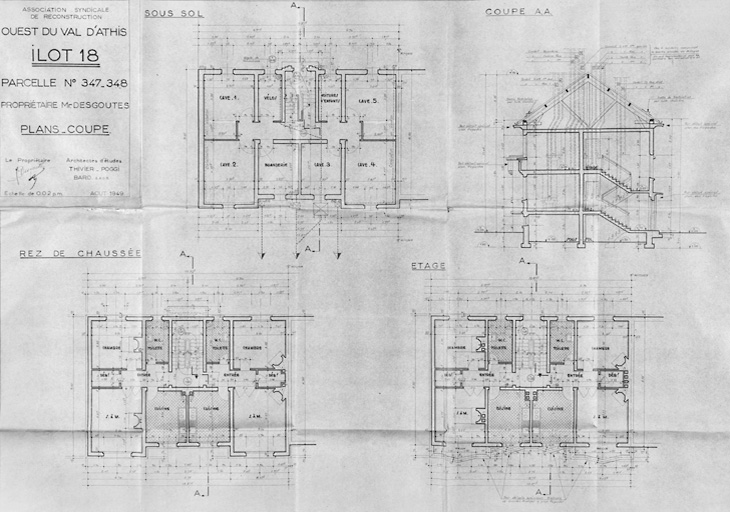 Plans et coupe de l'immeuble Desgoutes (parcelles 347-348, îlot 18, 10-10bis, rue Bertrand-Maupomé) reconstruit par Thivier-Poggi et Bard, architectes d'études, et Aubert, architecte d'opération, août 1949.