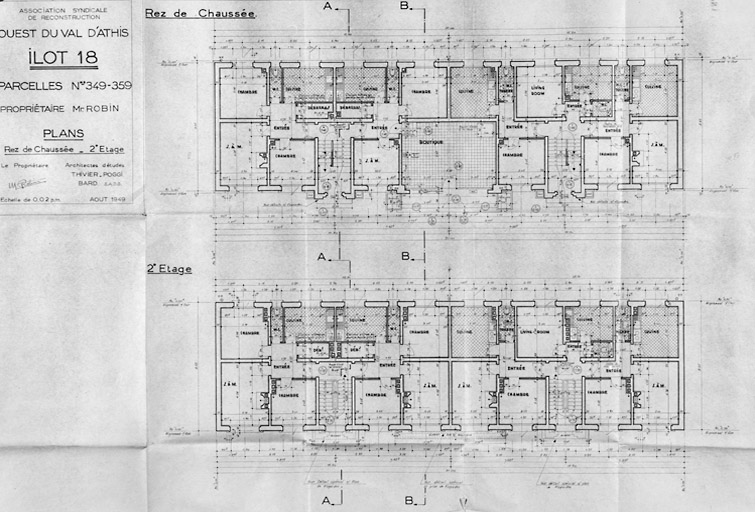 Plans de l'immeuble avec boutique reconstruit sur les parcelles 349-359 de l'îlot 18 (81-81bis, rue de Juvisy), pour M. Robin, par Thivier et Poggi et Bard, architectes d'études, août 1949.