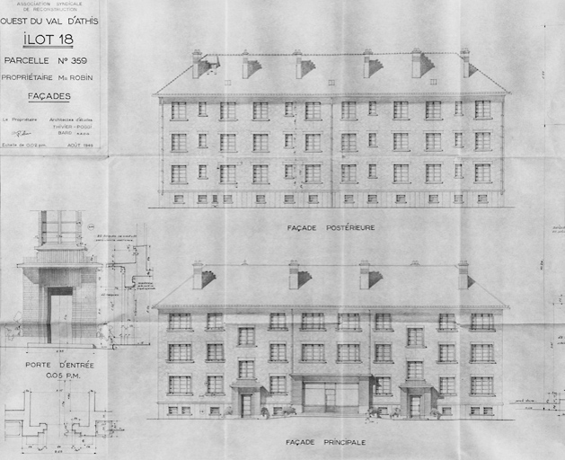 Façades principale et postérieure de l'immeuble avec boutique reconstruit sur les parcelles 349-359 de l'îlot 18 (81-81bis, rue de Juvisy) pour M. Robin, par Thivier et Poggi et Bard, architectes d'études, août 1949.