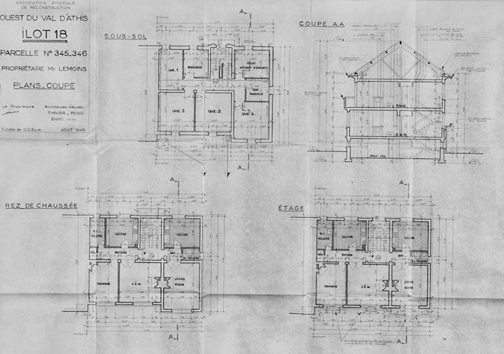 Façades de l'immeuble Lemoins (parcelles 345-346, îlot 18, 10-10bis, rue Bertrand-Maupomé) reconstruit par Thivier-Poggi et Bard, architectes d'études, et Aubert, architecte d'opération, août 1949. Cet immeuble est mitoyen avec celui de M. Desgoutes.