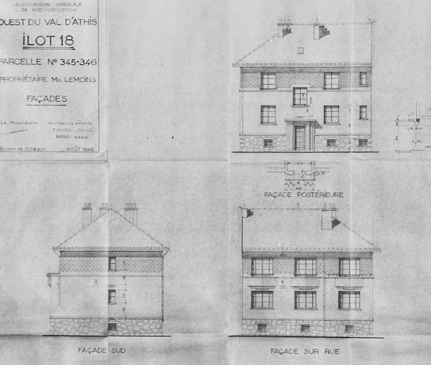 Plans et coupe de l'immeuble Lemoins (parcelles 345-346, îlot 18, 10-10bis, rue Bertrand-Maupomé) reconstruit par Thivier-Poggi et Bard, architectes d'études, et Aubert, architecte d'opération, août 1949.