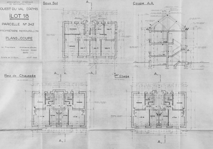 Plans et coupe de la maison reconstruite sur la parcelle 342 de l'îlot 18 pour M. Mourillon (4, rue Bertrand-Maupomé), par Thivier et Poggi et Bard, architectes d'études, août 1949. Elle se compose de quatre logements (salle à manger, cuisine, chambre, toilette) sur deux étages.