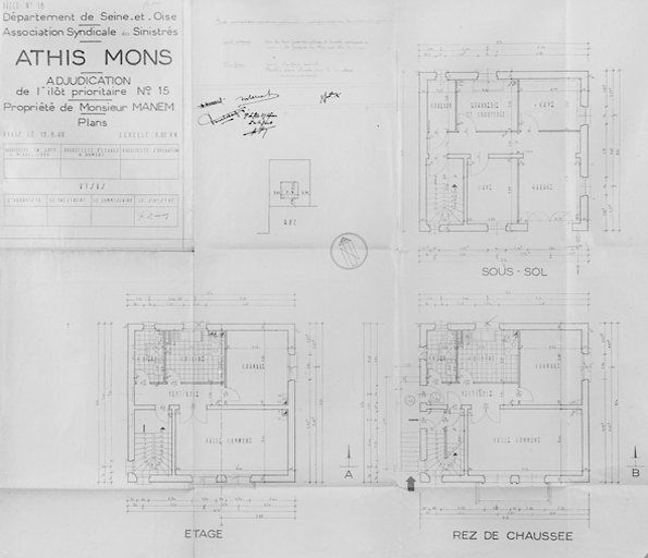 Plans de la maison reconstruite dans l'îlot 15 pour M. Manem (24, rue du Vercors) ; 16 août 1949.